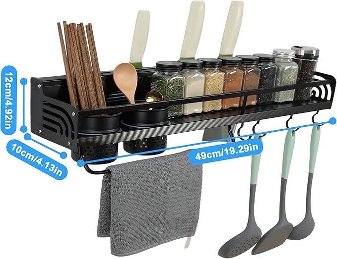 Kitchen Utensils Hanging Rack，19”d Hanging Storage Rack with Hooks, Cutlery Knife Holder for Seasoning,Cookware,Cutlery,Towel