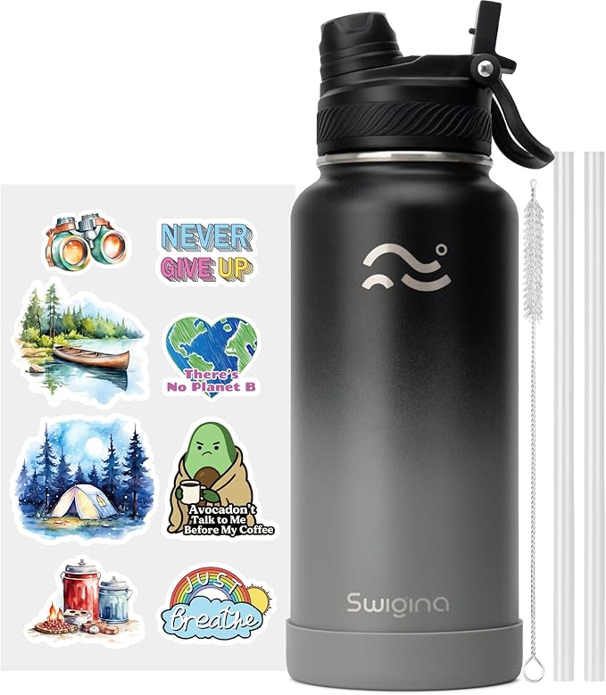 Swigina [2-IN-1 LID] Insulated Water Bottle with Silicone Boot (36hrs Cold/18hrs Hot) - DIY Stickers, Leakproof, BPA Free, 32 oz