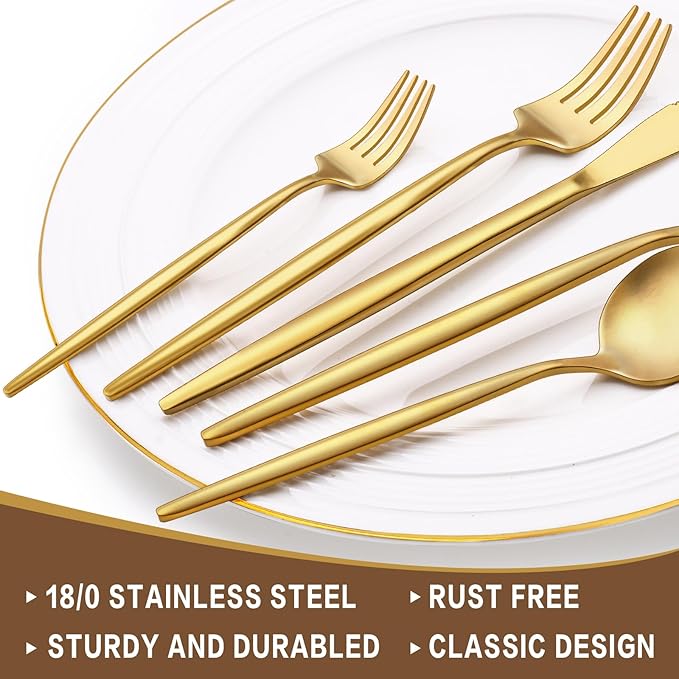 60-Piece Gold Silverware Set, Flatware Set for 12, Food-Grade Stainless Steel Cutlery, Includes Spoons Forks Knives, Kitchen Cutlery for Home Office Restaurant Hotel