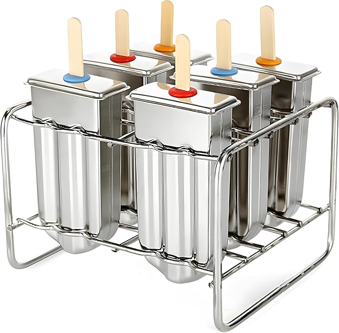 Stainless Steel Popsicle Molds, Set of 6 Ice Cream Maker, Ice Pop Molds With Holder, Metal Reusable Homemade Popsicle Molds with Sticks and Bags (Round Head, with Slot)