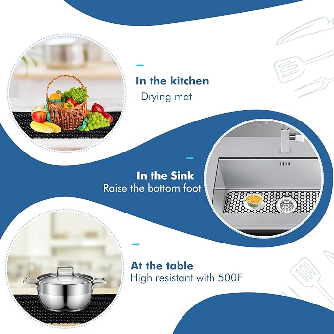 Bestjing Silicone Sink Protectors for Kitchen Sink with Rear Drain - 26"x 14" Kitchen Protector Accessory, Non-Slip Heat Resistant Grid Mat for Bottom of Farmhous Stainless Steel (Rear Hole, Black)
