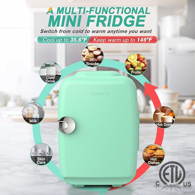 CROWNFUL Mini Fridge, 4 Liter/6 Can Portable Cooler and Warmer Personal Refrigerator for Skin Care, Cosmetics, Beverage, Food,Great for Bedroom, Office, Car, Dorm, ETL Listed (Green)