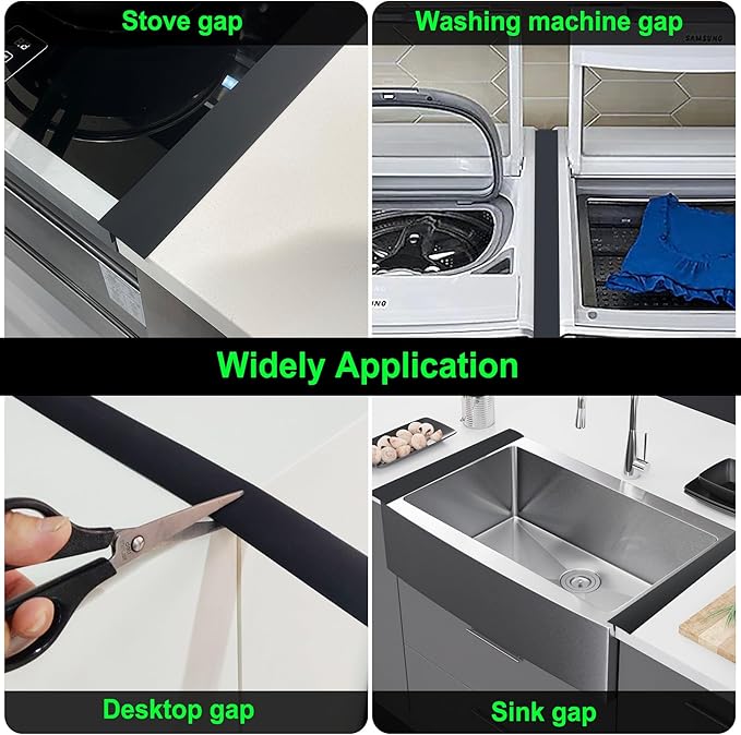 Silicone Stove Counter Gap Cover / Filler by Kindga 25" Long, Sealing Spills Between Kitchen Appliances Washing Machine and Stovetop, Set of 2 (Black)