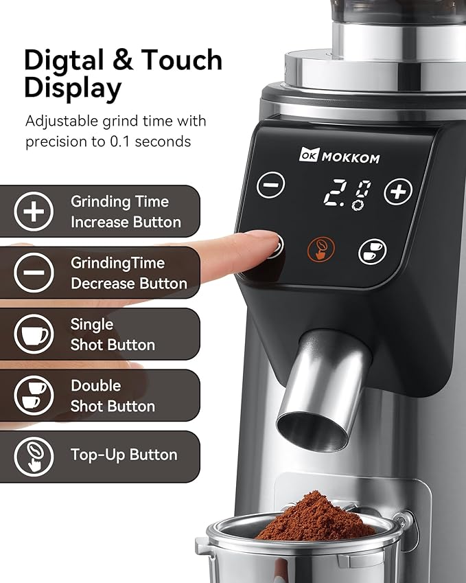MOKKOM Professional 64mm Plated Flat Burr Coffee Grinder with 100 Grind Settings, All-Metal Stainless Steel Body, Coffee Bean Grinder with Adjustable Electronic Timer, Anti-Static, LED Display