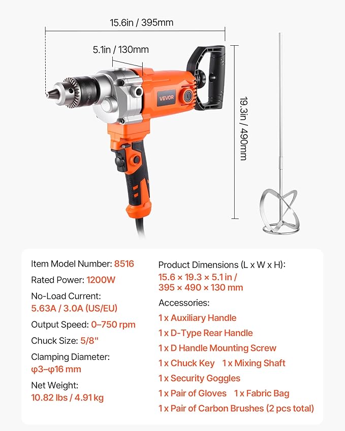 VEVOR Drill Mixer, 5/8 inch Corded Electric Drill Mixer Set, 0-750RPM 5.63A Mixing Drills, Mixing Drills Machine with D-Handle for Drilling & Blending, Handheld Cement Mixers for Fodder, Paint, Cement