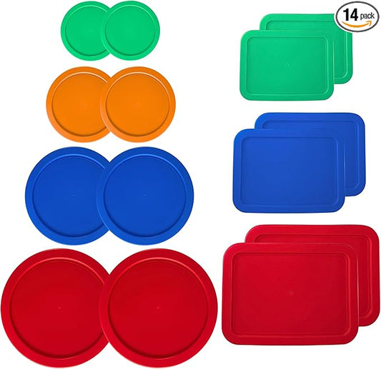 1, 2, 4 & 7 Cup Round & 3, 6, 11 Cup Rectangle Replacement Lids/Covers for Pyrex, Anchor Hocking & KlareWare Storage Bowls *Lids Only -Glass Container Not Included*, 14 Pack *2 of Each Size*