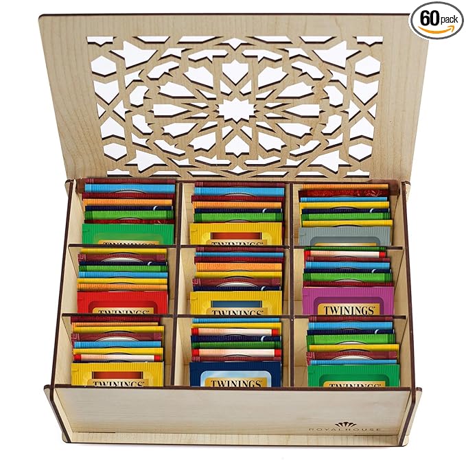 Twinings Tea Bag Sampler Variety with White Wooden Organizer (60 Count) 40 Different Flavours, Gift for Tea Lovers: Women, Men, Mom, Dad, Family, Friends, Couples