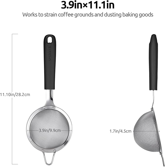 U-Taste 10 Piece Measuring Cups and Spoons Set in 18/8 Stainless Steel, and 18/8 Stainless Steel 3.9 inch 30 Mesh Strainer (Black)