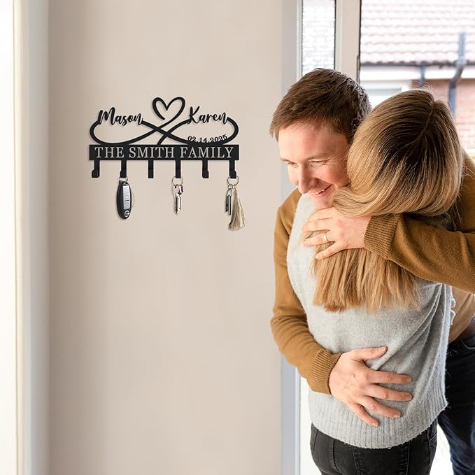Personalized Metal Key Holder for Wall, Custom Infinity Heart Key Rack with Hooks, Wall Mounted Key and Coat Organizer for Entryway Bedroom, Housewarming & Wedding Gift (Design9)