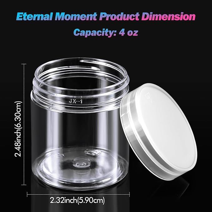 50 Pack 4 OZ Plastic Jars Round Clear Cosmetic Container with Clear Lids, Eternal Moment Slime Jars for Lotion, Cream, Ointments, Makeup, Eye shadow, Rhinestone, Samples, Pot, Travel Storage