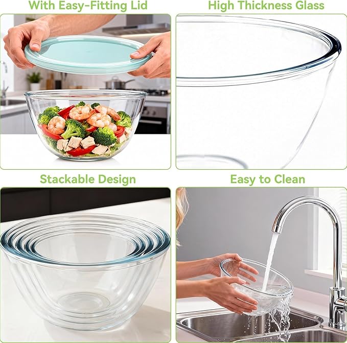 YUANYE 5 Pack Glass Mixing Bowls with Lids Set (5/2.5/1.5/0.9/0.6QT), Thick Glass Large Salad Bowl Set, Nesting Kitchen Bowls for Serving, Prepping, Cooking and Baking, Dishwasher,Oven,Microwave Safe