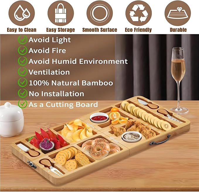 OUTMX Bamboo Cheese & Charcuterie Board Set, Large Foldable Cutting Board with Knife, Snack and Fruit Platter for Cheese, Bread, Butter – Perfect Wedding, Bridal Shower & Party Gift