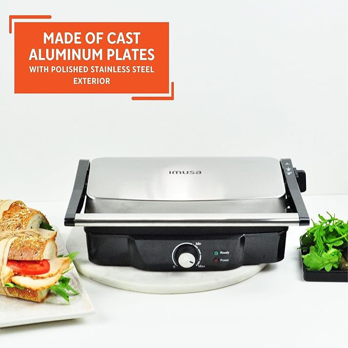 IMUSA Stainless Steel Panini Press Electric with Adjustable Temperature Settings and Nonstick Plates, 1200W