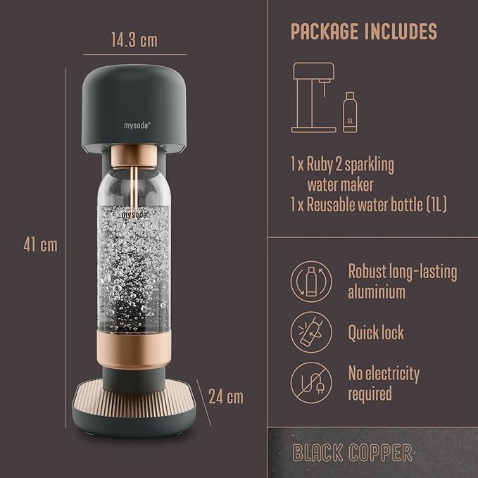 Mysoda Ruby 2 Sparkling Water Maker - Silent and Long-Lasting Aluminium Soda Maker with 1L Water Bottle - Without CO2 Cylinder - Black Copper