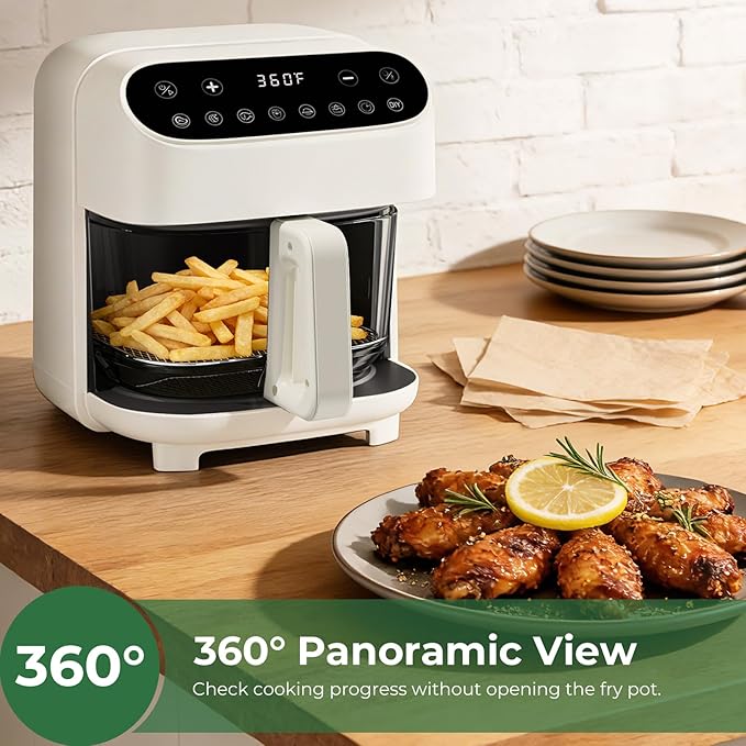 5 Quart Glass Air Fryer, Non Toxic & Uncoated High Borosilicate Glass Basket, Airfryer with Transparent Fry Bowl, 8 Preset Modes, PTFE/PFAS Free, BPA-Free, Dishwasher Safe, White