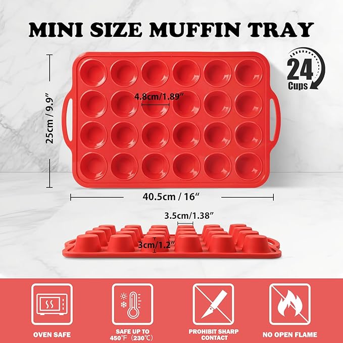 2 Pack Mini Silicone Muffin Pan with Metal Frame, Non-stick Regular Silicone Cupcake Pan with Handles 24 Cup, Silicon Muffin Tin Tray for baking, egg bites, Cupcake Mold, BPA Free Red
