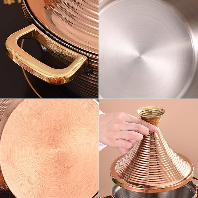 Moroccan Tagine Cooking Pot,Stainless Steel Non Stick Moroccan Casserole with 2 Handles,Large Moroccan Cooker Handmade Tagine Pot with Cone-Shaped Lid(27cm, Silver)