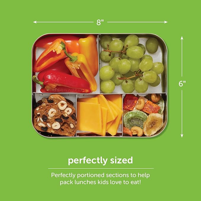 LunchBots Large Cinco Stainless Steel Lunch Container - Five Section Design Holds a Variety of Foods - Metal Bento Box for Kids or Adults - Dishwasher Safe - Stainless Lid - Aqua Dots