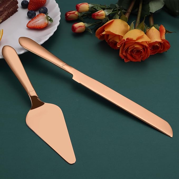 Wedding Cake Knife and Server Set, Integral Stainless Steel Longer Cake Cutter and Wider Pie Spatula, Elegant Cake Cutting Serving Set for Party Birthday Bridal Shower Set of 2, Rose Gold