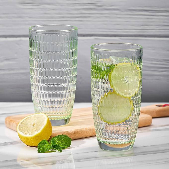 CREATIVELAND Highball Beverage Glasses Set of 6 Romantic Colored Thick & Heavy Base Big Capacity 14.87oz|440ml, Drinking Glass Tumblers for Iced Tea, Water, Soda & Juice and Cocktails