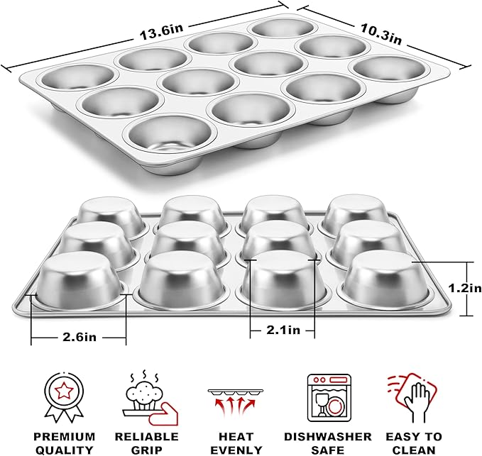 TeamFar 12-Cup Muffin Pan, Stainless Steel Cupcake Pans Muffin Tin Set for Oven Baking Mini Brownies Quiches Tarts, Non Toxic & Regular Size, Dishwasher Safe – Set of 2