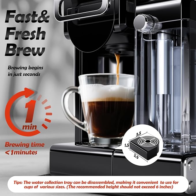 PULZO Espresso Machine with Integrated Automatic Milk Frother, capsule coffee maker for K*cup capsule/Ne*s Original/coffee powder, One Touch Latte & Cappuccino