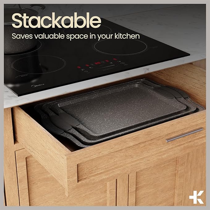 BAKKENMASTER 18-Piece Kitchen Oven Baking Set: Nonstick Gray Marble Coating, Carbon Steel Bakeware, Silicone Handles, Dishwasher Safe, Professional Quality, PFOA-Free