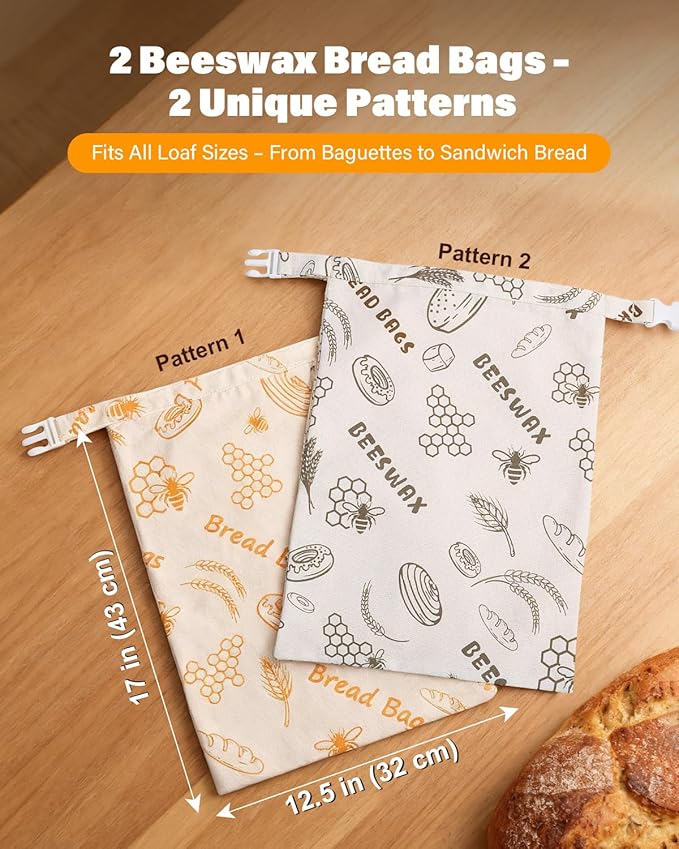 Reusable Bread Bags for Sourdough - Beeswax Cotton Bread Bags for Homemade Bread, Thicker Cloth Design for Freezing to Keep Bread Fresh, 2 Pack XL 17x13 Inch