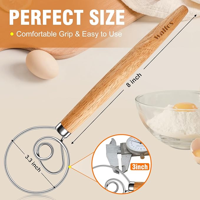 Walfos Wood Danish Dough Whisk Set 2pcs Wooden Danish Sourdough Bread Dough Whisks with Stainless Steel Ring, Kitchen Hand Bread Mixer Dough Whisking Tools for Sourdough, Cake, Pizza, Pastry