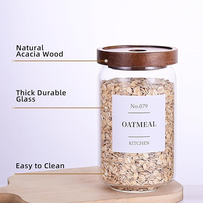Tzerotone Glass Pantry Storage Jars with Acacia Airtight Lid, 25oz Clear Kitchen Canisters with Wood Lid, 6 Set with 132 Labels for Tea, Sugar, Spice, Herbs