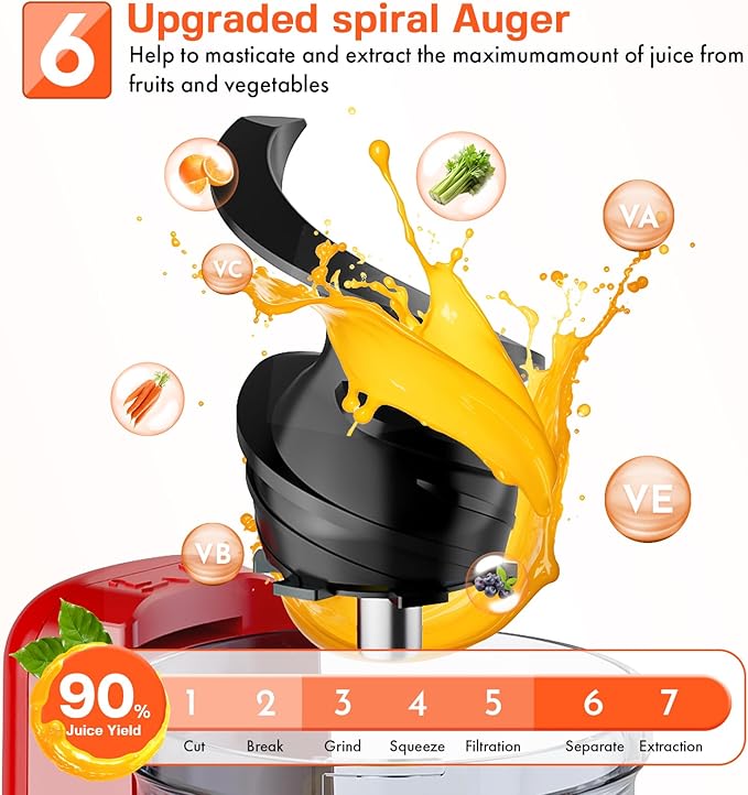 Juicer Attachment for KitchenAid, Cold Press Slow Juicer with 4.9" Large Feed Chute for Whole Fruits & Vegetables, Includes 2 * 1L Measuring Cups for KitchenAid Accessories and Attachments, Red
