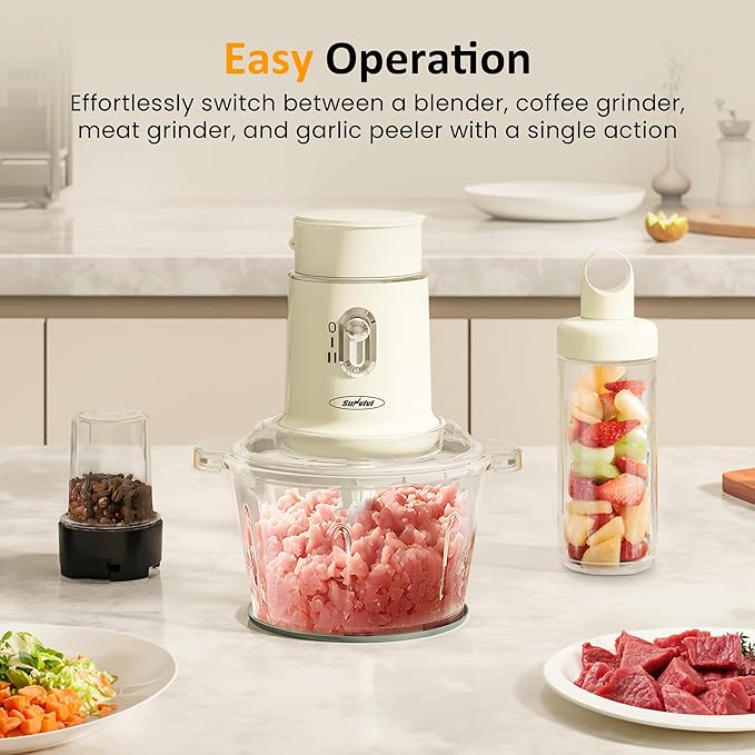 Sunvivi 4-in-1 Electric Food Chopper & Small Food Processor, Meat Grinder, Garlic Peeler & Juicer, 2-Speed Mini Food Processor with 1.5L Glass Bowl and 2 Cups (0.4L+0.2L), Beige