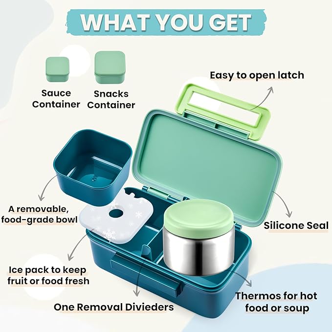 PIQUEBAR Kids Lunch Bento Box with Thermo Ice Pack Food Container with Insulated Lunch Bag, Insulated Water Bottle with Straw for Girls Boys, (A-Green)