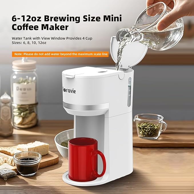 Horavie Mini Single Serve Coffee Maker for K Cup and Ground Coffee, Fast Brew One Cup Coffee Machine with Descaling Reminder and Water Window, 6 to 12 oz. Brew Sizes, White