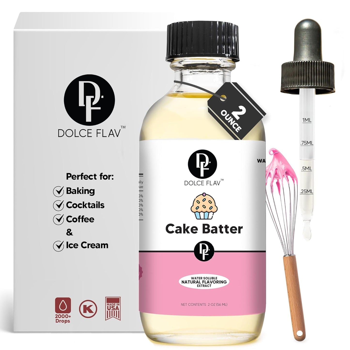 Dolce Flav Natural Cake Batter Extract – 2 Ounce Water-Soluble Kosher, Sugar-Free, Concentrated Birthday Cake Flavor for Frosting, Cupcakes & Ice Cream, Includes Measured Dropper
