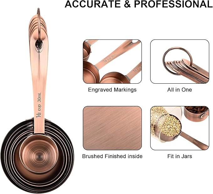 Measuring Cups and Spoons Set, Copper Measuring Cups and Spoons Set 17, Stainless Steel Metal 7 Measuring Cups and 9 Measuring Spoons with 1 Leveler for Kitchen & Baking