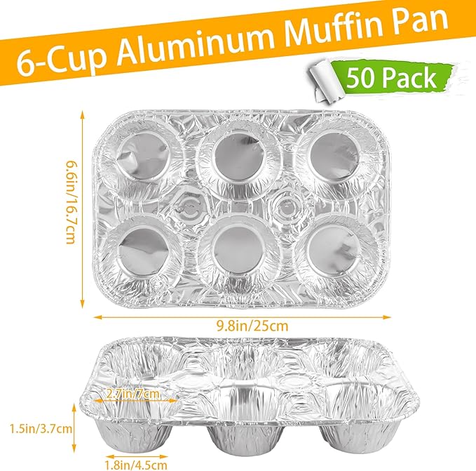 50 Pack 6-Cup Aluminum Muffin Pans, Disposable Muffin Tins for Baking, Standard Size Cupcake Pans for Baking Cupcakes, Muffins and Mini Quiches - 10 x 6.6 x 1.5 inch