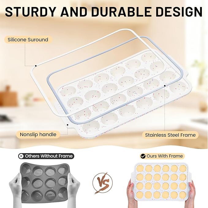 Vinino 2-Pack Silicone Mini Muffin Pan for Baking, 24 Cup Mini Cupcake Pan with Metal Reinforced Frame, Nonstick Muffin Tray with Non-Slip Handle, Silicone Molds for Oven, BPA Free, Dishwasher Safe