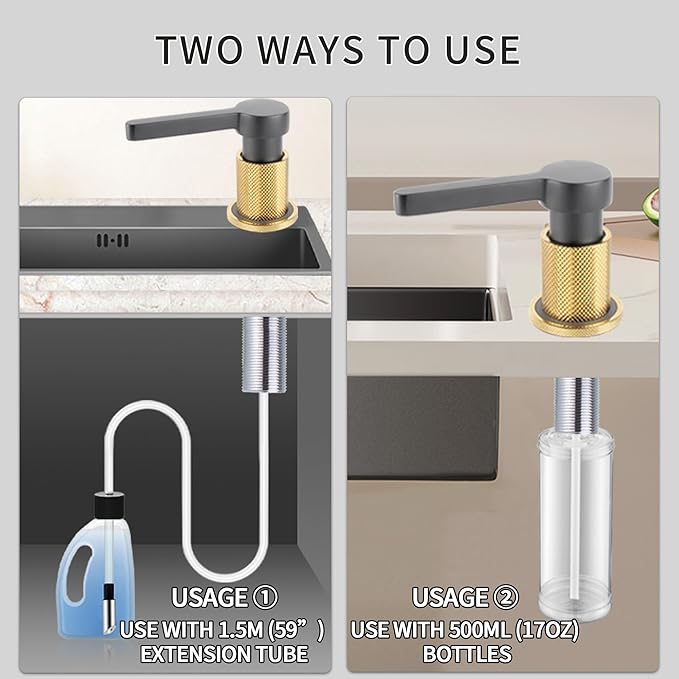 SD-80 All Brass Sink Soap Dispenser for Kitchen Sink Copper Pump Built in Dish Soap Dispenser with 17.6 oz(520ml) Bottle and 59"(1.5m) Extension Tube Kit (Gray)