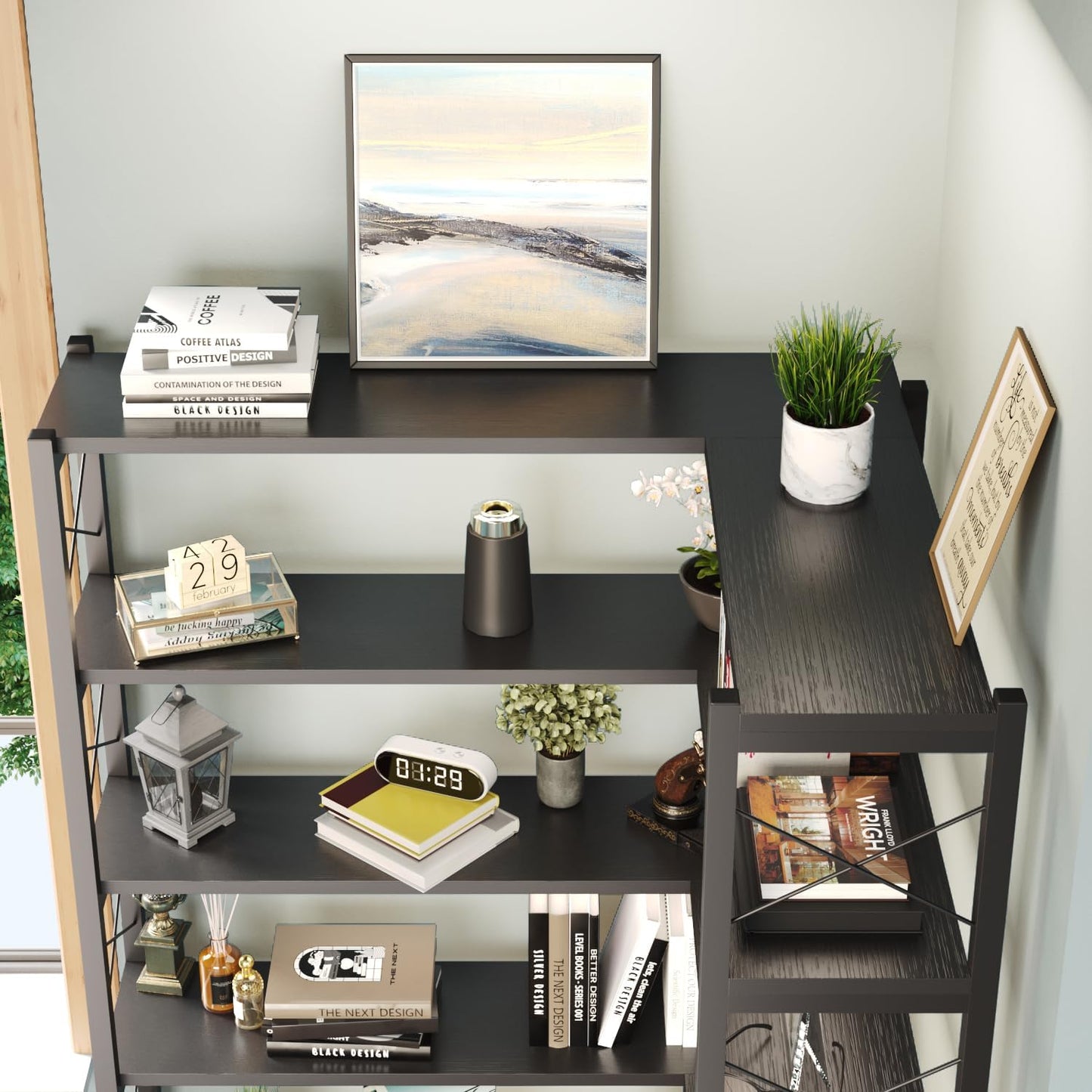 6-Shelf Corner Bookshelf, Vintage Industrial Etagere Bookcase, Large Book Shelf With Metal Frame Open Storage Cabinet (Black, Small)