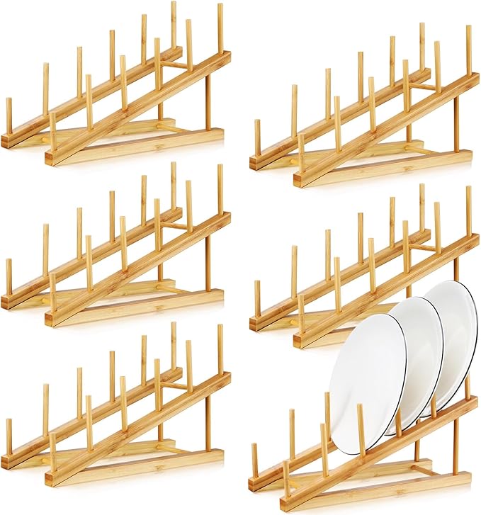 Suclain 6 Pcs Wooden Bamboo Dish Drying Rack Kitchen Cabinet Organizer for Cabinet Cutting Board Display Stand for Dish Plate Bowl Water Bottles Cup Pot Lid Cutting Board