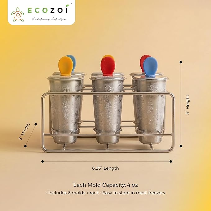 Ecozoi Stainless Steel Popsicle Molds, 6 Ice Popsicle Makers, 6 Stainless Steel Sticks, 12 Silicone Seals and 1 Coconut Cleaning Brush, Eco Popsicle Molds for Kids and Adults, 4 oz Per Mold (Round)