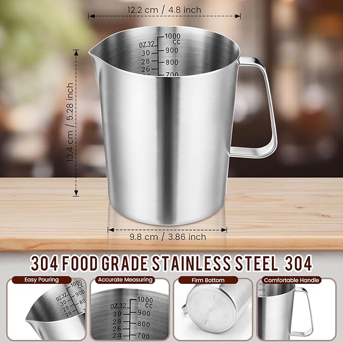 Copkim 4 Pcs Stainless Steel Pitcher with Handle and Pour Lip 33.8 Oz, 1000 Ml, 4 Cup Metal Liquid Measuring Cup Measuring Jug Milk Frothing Pitcher for Milk Latte Art Water Pouring