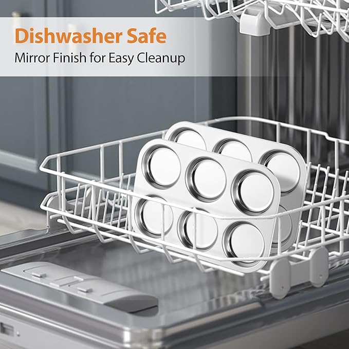 E-far Muffin Top Pan Set of 3, Stainless Steel 6-Cavity Shallow Cupcake Pan for Baking Whoopie Pie, Yorkshire Pudding, Eggs, Cornbread, Drop Cookies, Non-toxic & Standard Size, Oven & Dishwasher Safe