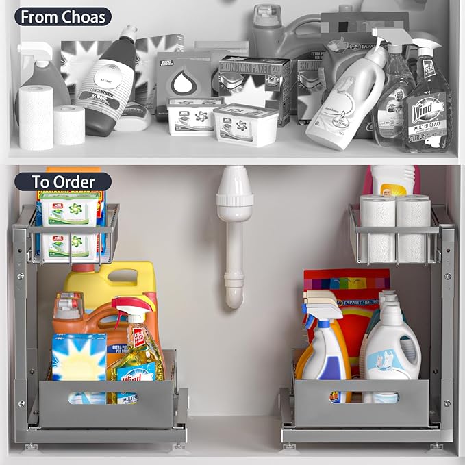 L-Shaped Under Sink Organizer, 2-Tier Pull Out Metal Kitchen Cabinet Organizer with Sliding Storage Drawer, Height Adjustable Heavy Duty Under Bathroom Sink Storage for Cleaning Supplies 1 Pack