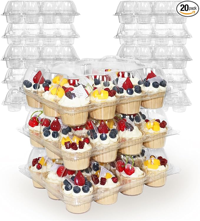 WIKDAY 12 Count x 20 Sets Plastic Cupcake Containers, Durable and BPA-Free Cupcake Holder with Lid for Easy Transport Storage, Stackable Clear Cupcake Carriers, Reusable Dessert Boxes