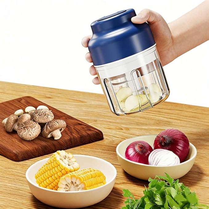 Electric Garlic Chopper, Mini Portable Veggie Cutter with 4/6 Stainless Steel Blades, Portable Wireless Rechargeable Mini Electric Garlic Food Chopper for Garlic, Onion, Chili, Nuts (2PCS-B,320ML)
