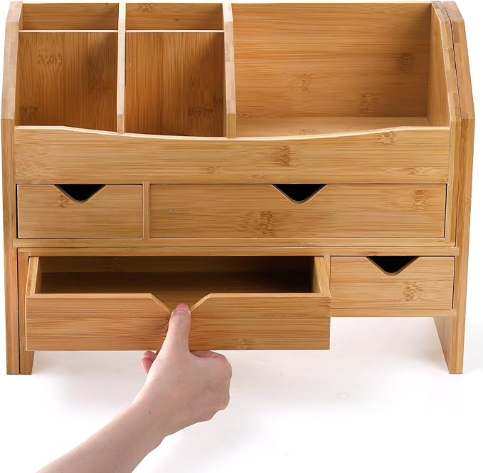 Lawei Bamboo Desk Organizer with Adjustable File Holder, Mini Desk Drawer Tabletop Organization Box with 4 Drawers for Makeup, Letter, Pens, Home Office Supplies, Vanity, 3 Layer, Fully Assembled