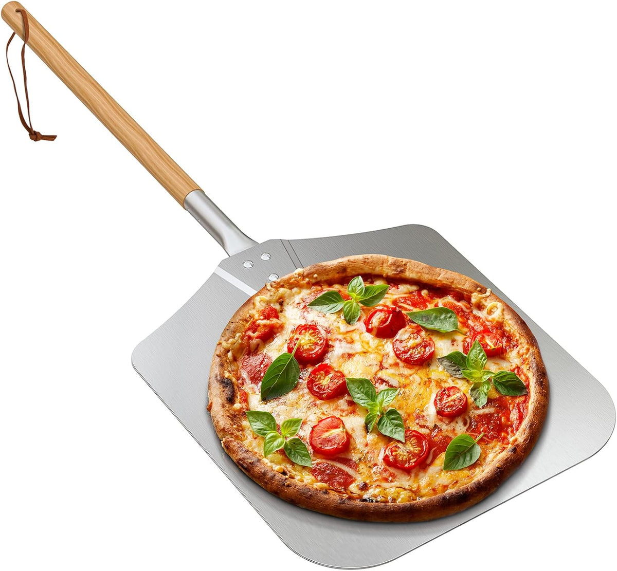 only fire Metal Pizza Peel with Wooden Handle for Indoor & Outdoor Grill Oven, 12 x 14 inch Pizza Baking Spatula Paddle for Baking Bread Pies, 28 Inch Long