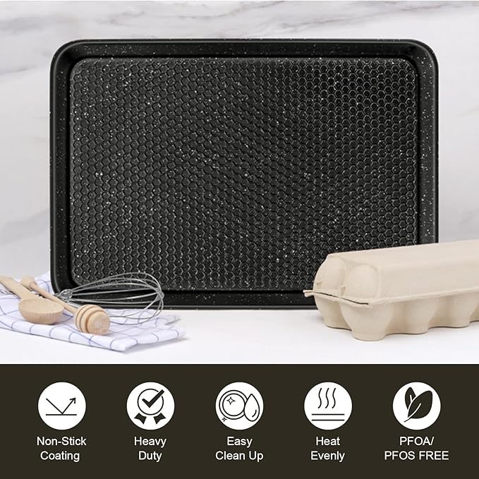 Wildone Baking Sheet Pan Set, Honeycomb Embossed Nonstick Baking Sheet 15x10 In, Thicker Carbon Steel Cookie Sheet, Even Heating Jelly Roll Pan, Black, 2 Pack